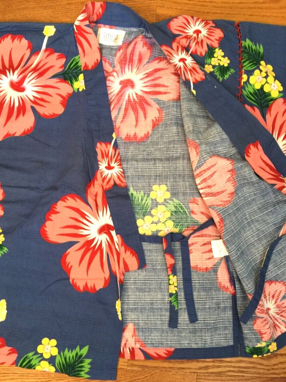 JAPANESE JINBEI KIMONO JACKET SHORTS WOMENS S M BLUE PINK FLORAL COTTON 2PC SET - Picture 9 of 16